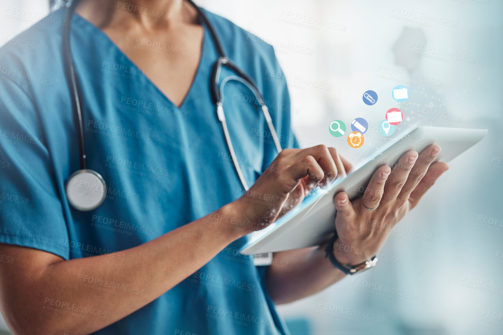 Buy stock photo Doctor, hands and tablet in healthcare research, mobile app or software icons for innovation or communication at clinic. Hand of medical expert, nurse or specialist on touchscreen for medicare search