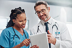 Healthcare, research and doctors with tablet, conversation or data analytics in hospital. Medical professionals, black woman or man with device, discussion or search internet for cure or update chart