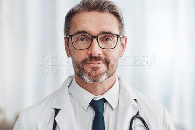 Buy stock photo Healthcare, leadership and portrait of mature doctor, man in hospital for support, pride and help in medical work. Health, wellness and medicine, confident professional with stethoscope and smile.