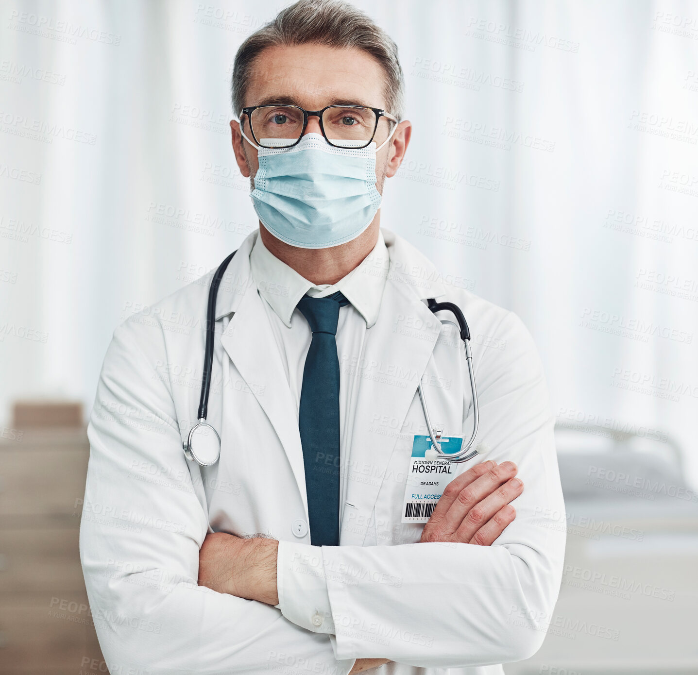 Buy stock photo Covid, leadership and portrait of mature doctor, man in hospital for support, success and help in medical work. Health, wellness and medicine, confident professional in stethoscope, glasses and mask.