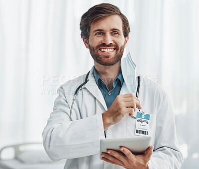 Buy stock photo Healthcare, tablet and face of doctor with mask for wellness, medical care and research analysis. Hospital, insurance and man smile with digital tech for internet, patient report and telehealth app