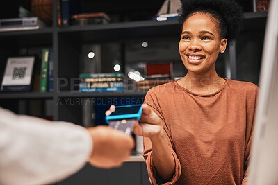 Buy stock photo Black woman, machine and credit card for payment, checkout transaction or digital money transfer in store. African American female customer, lady or client with contactless purchase or electronic pay