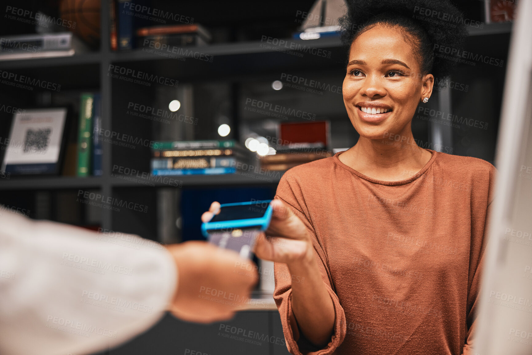 Buy stock photo Black woman, machine and credit card for payment, checkout transaction or digital money transfer in store. African American female customer, lady or client with contactless purchase or electronic pay