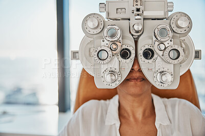 Buy stock photo Vision, eye exam and woman in optometry test for wellness, eyesight and optical assessment. Healthcare, optometrist consultation and patient with medical equipment, phoropter and lens for eyes