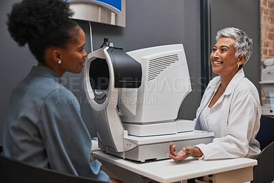 Eye doctor, happy or black woman consulting for eyesight advice at optometrist or ophthalmologist on medical aid. Customer talking or asking questions to check vision health with a senior optician
