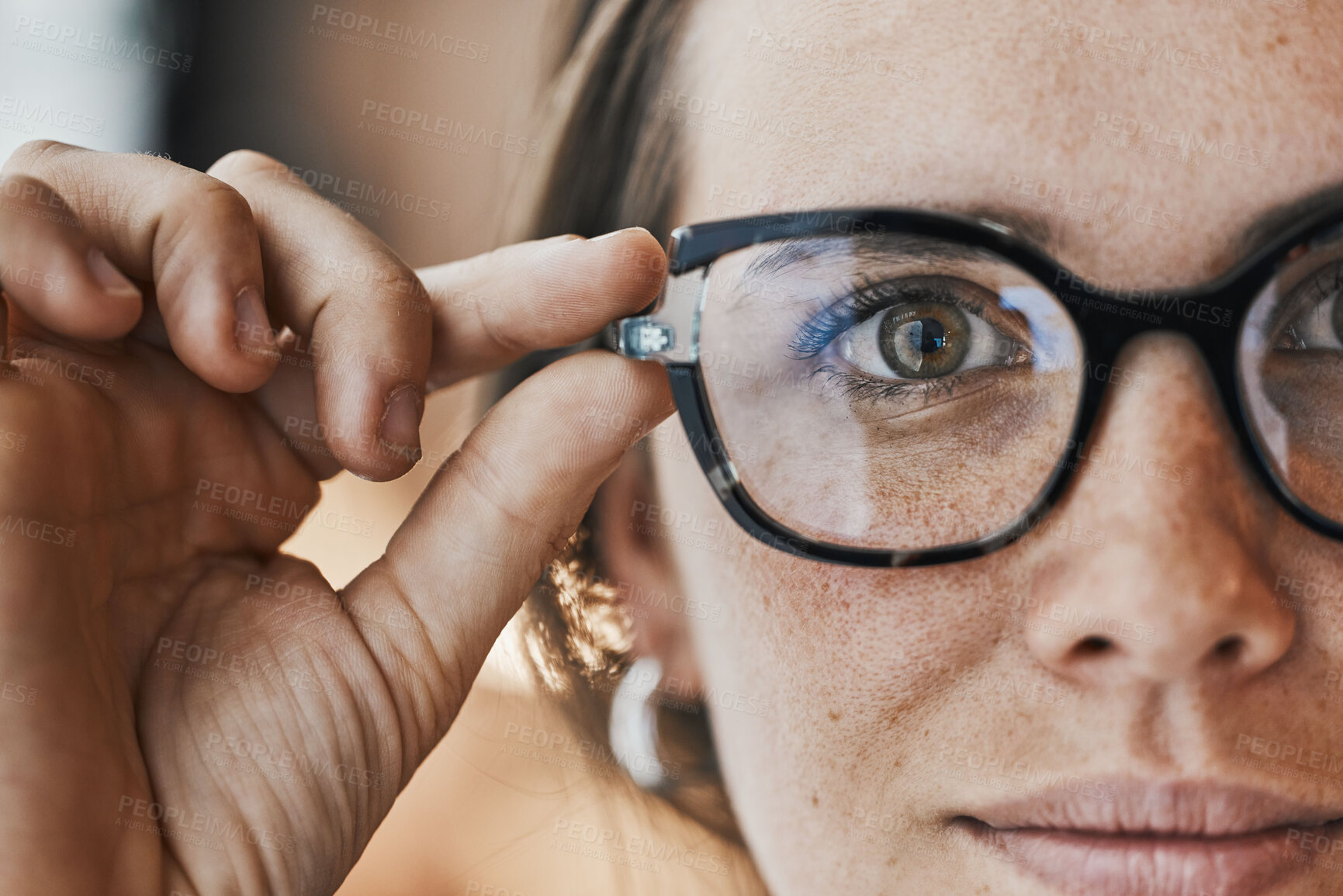 Buy stock photo Portrait, eyes and woman with glasses for optical healthcare, prescription or perception. Female, face and spectacles of eye care, optometry and fashion frames for cosmetic beauty, lens choice or see