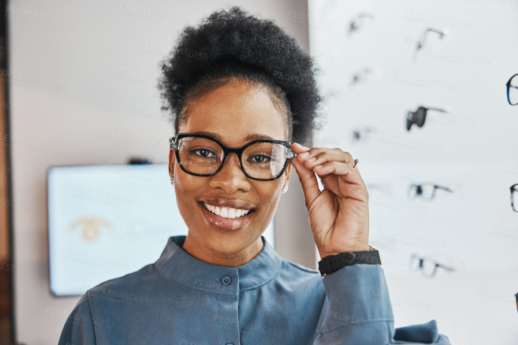 Buy stock photo Glasses check, black woman portrait and shopping in a store looking through lens. Eye consulting, smile and eyewear assessment in a frame shop for vision test and prescription exam for eyes