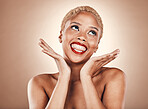 Black woman, makeup and face with red lipstick on a brown background for beauty cosmetics. Aesthetic model with hands thinking of idea in studio with funny smile and facial skin glow with bold lips