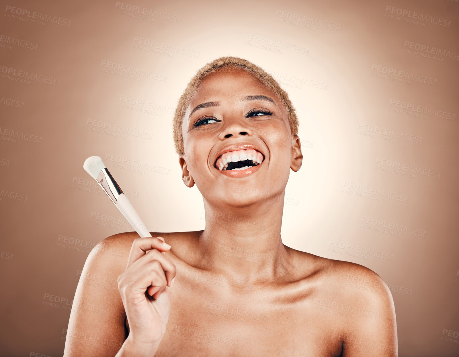 Buy stock photo Happy, beauty and makeup with black woman and brush for cosmetics, self care and glowing skin. Facial, skincare and smile with model and tool for foundation, power and product in studio background