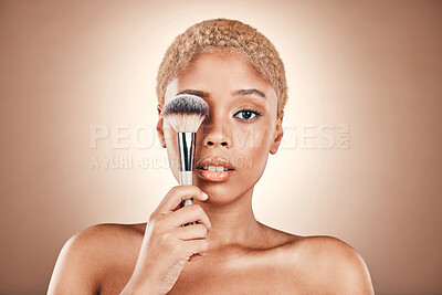 Buy stock photo Makeup, brush and woman, face and portrait with cosmetic care, glow and cosmetology on studio background. Foundation, powder and cosmetics tools and product with hand, skincare and beauty 