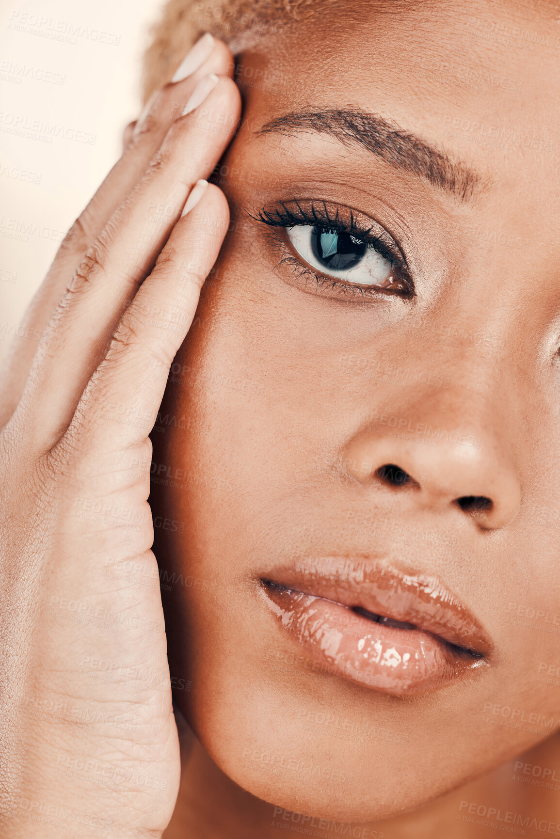 Buy stock photo Beauty, hand on face and portrait of a black woman on brown background for dermatology cosmetics. Aesthetic model person in studio for skincare, makeup and facial glow with clean and healthy skin