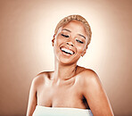 Black woman, face and beauty smile in studio on a brown background for dermatology cosmetics. Aesthetic model person laughing for skincare, self care and facial glow with clean and healthy skin