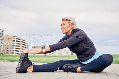 Buy stock photo Woman, stretching exercise and sports on sky mockup, park ground and training motivation in Miami. Senior female warm up legs outdoor for workout, fitness and thinking of healthy mindset, body or run