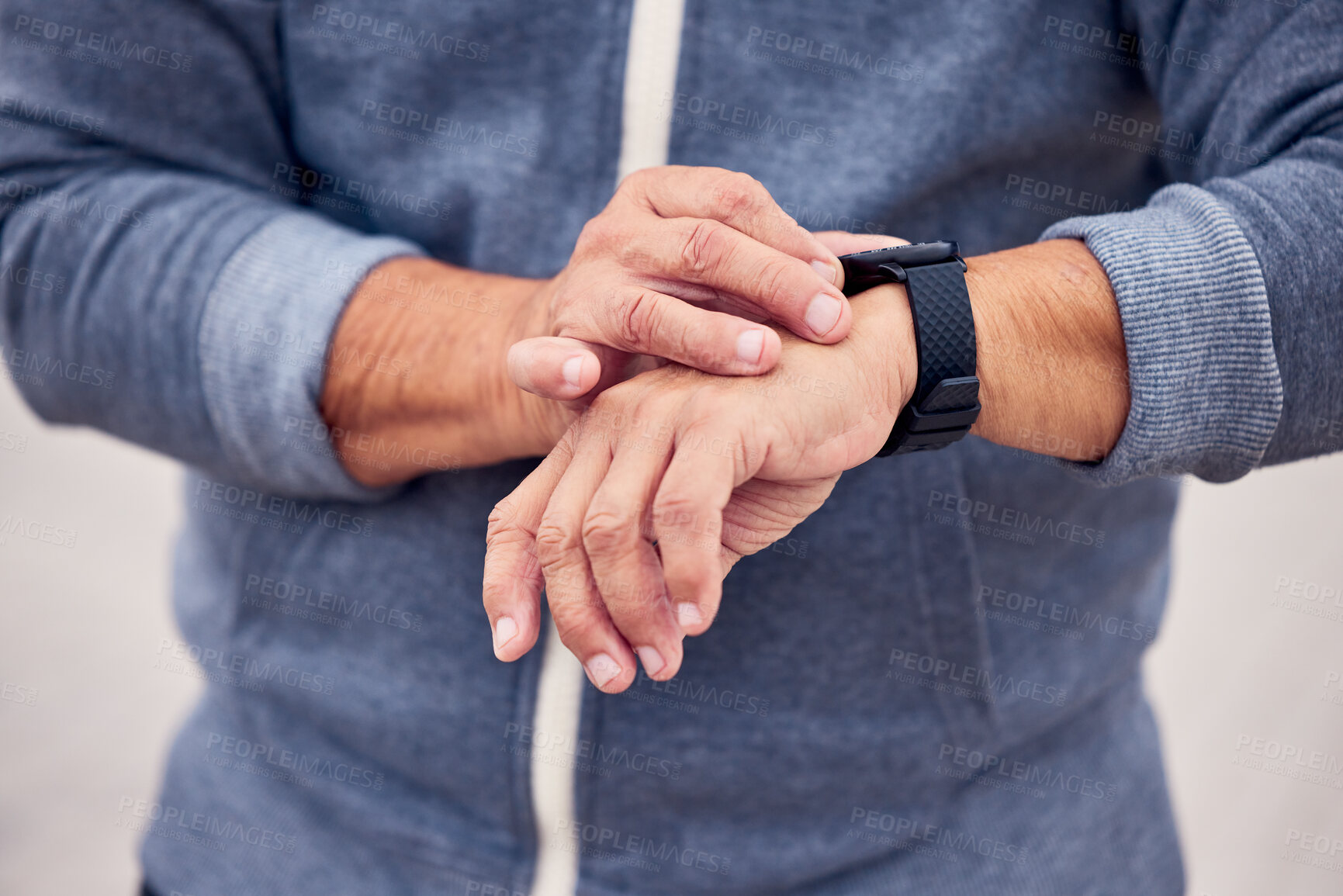 Buy stock photo Smart watch, man hands and sports exercise outdoor for fitness, runner training or running wellness. Closeup of stopwatch, person and workout time of heart rate, monitor healthy progress and data app