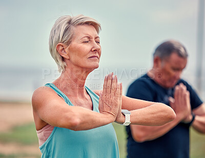 Buy stock photo Yoga, fitness and senior woman in praying hands for spiritual wellness, holistic meditation or retirement health. Calm mind, prayer and elderly couple or personal trainer meditate, namaste and peace