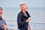 Exercise, running and senior woman by ocean for exercise, healthy body and wellness in retirement. Fitness, endurance and elderly man and woman do sports, cardio workout and training together by sea