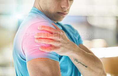 Buy stock photo Hands, fitness injury and shoulder pain in gym after accident, workout or training exercise. Sports, health and athlete man with fibromyalgia, inflammation or painful arm, arthritis or tendinitis.