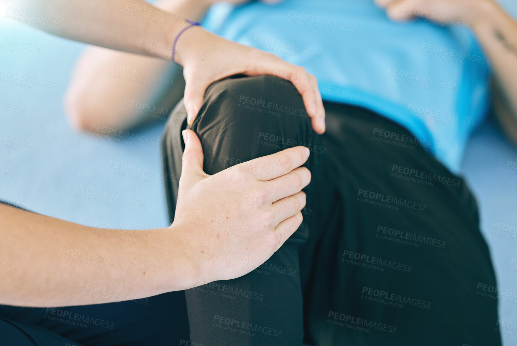 Buy stock photo Knee pain, physiotherapy and hands of coach with man for performance, body wellness and sports. Fitness, physical therapy and personal trainer with athlete for muscle tension, injury and stretching