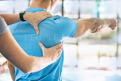 Buy stock photo Exercise, stretching and hands of personal trainer with man for performance, body wellness and sports. Fitness, physiotherapy and coach with athlete for workout stretch, flexibility and gym training