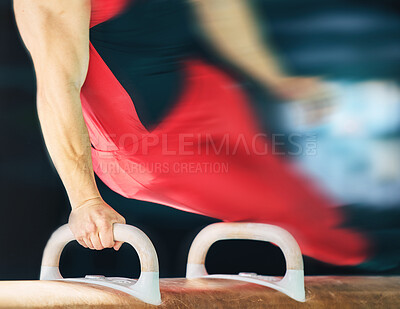 Buy stock photo Horse, gymnastics and motion blur with the hands of a man training for an olympics event or sports. Exercise, balance and speed with a male athlete or gymnast in a studio or gym for competitive sport

