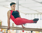 Gymnastics, man and stretching for training, routine and exercise for performance, healthy lifestyle and fitness. Gymnast, guy or male athlete in gym, practice for competition or movement for balance