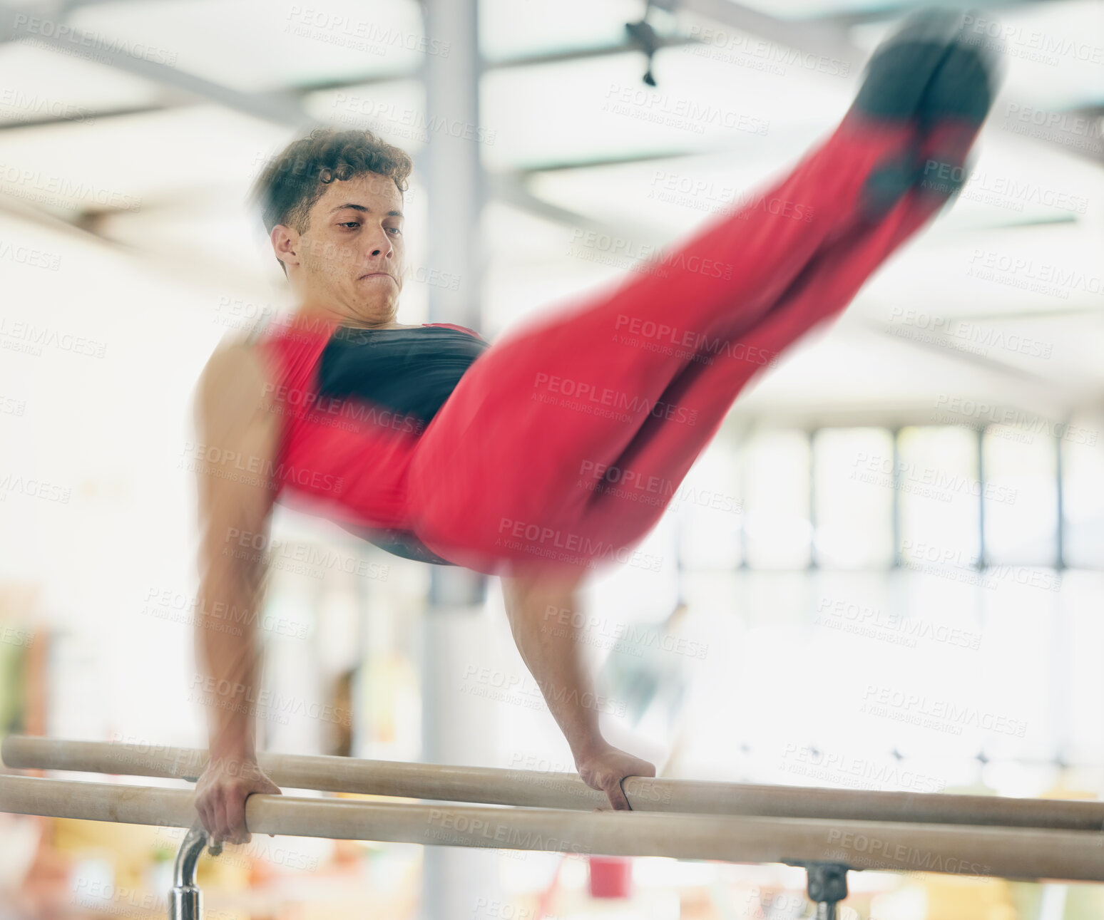 Buy stock photo Horse, gymnastics and motion blur with an olympics man training for a sports event or competition. Exercise, balance and games with speed of athlete or gymnast in studio or gym for competitive sport