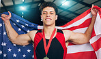 Man, medal and usa flag for winner, athlete and portrait for celebration, sports and goals in competition. Gen z person, US and smile for winning, celebrate and happiness for victory in sport contest