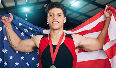 Buy stock photo Man, medal and usa flag for winner, athlete and portrait for celebration, sports and goals in competition. Gen z person, US and smile for winning, celebrate and happiness for victory in sport contest