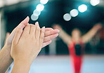 Closeup, fitness and applause for winner, hands and victory for workout, routine and athlete. Zoom, gymnast and clapping for winning, motivation and success with achievement, celebration and blurry