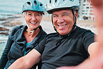 Cycling, smile and fitness with old couple and selfie for social media, workout and health training. Wellness, internet and blog with senior man and woman on bike for summer, exercise and travel