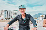 Mature woman, bike or helmet portrait for beach promenade cycling in wellness exercise, fitness or cardiology healthcare. Smile, happy or elderly person in bicycle head safety or eco friendly workout