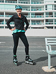 Roller skate, smile and senior woman in city ready for sports, adventure and fitness hobby outdoors. Retirement, holiday and portrait of elderly woman excited for skating, travel activity and relax