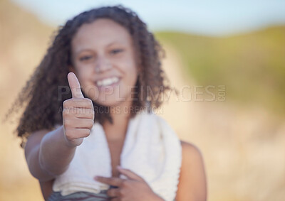 Buy stock photo Thumbs up, fitness and a sports woman on a blurred background outdoor for a cardio or endurance workout. Hand sign, exercise and running with a female athlete outside to like health or wellness