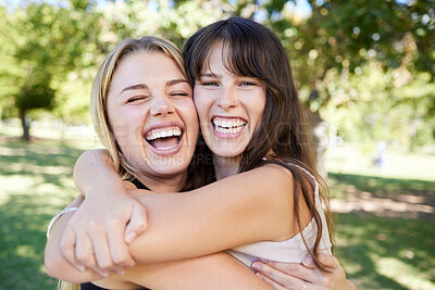 Buy stock photo Nature, friends and portrait of women hugging with love, care and happiness in garden. Happy, smile and female friendship embracing with excitement in outdoor park while on holiday together in Canada