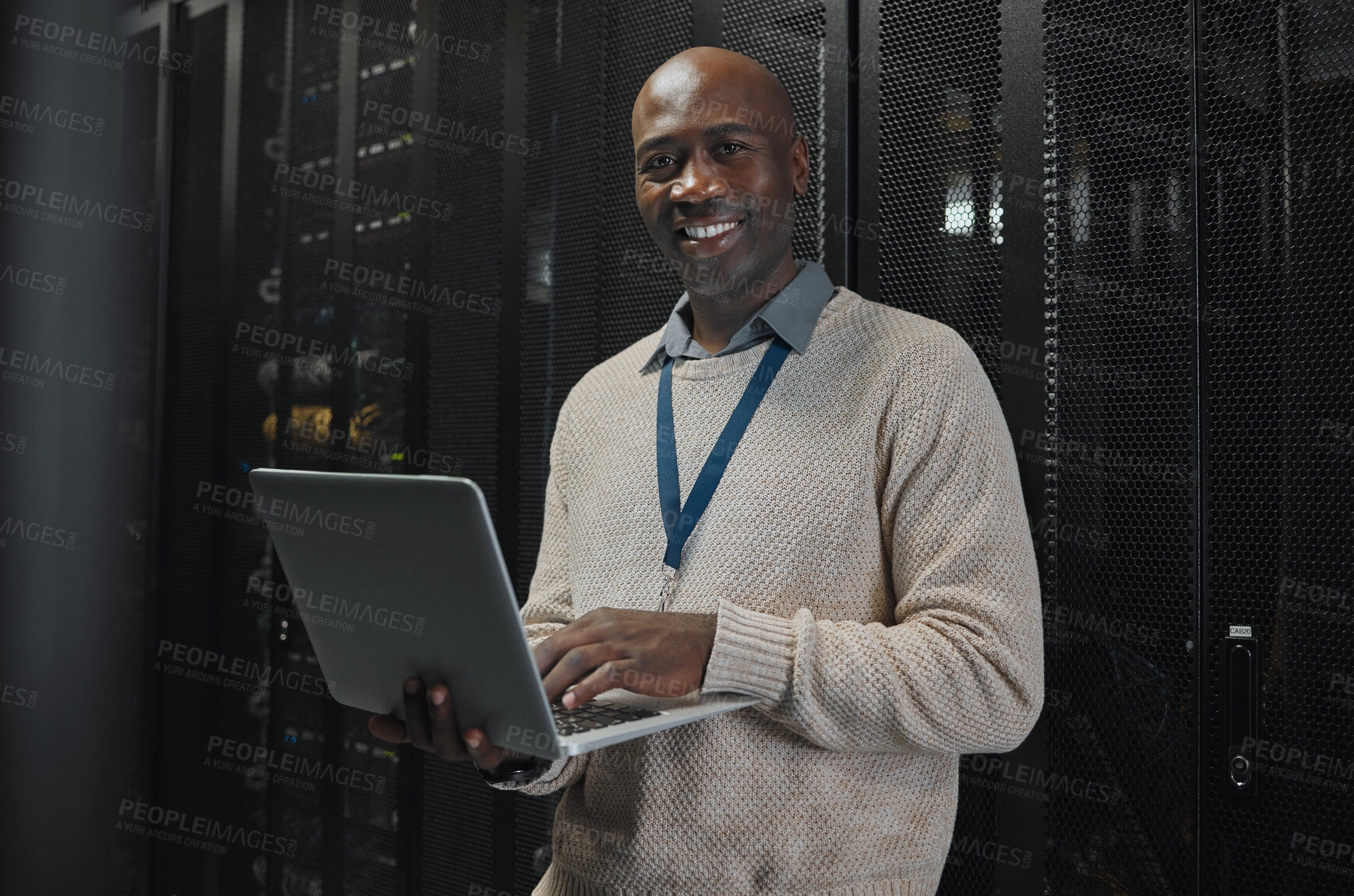 Buy stock photo Server, laptop and portrait of black man or technician for data center, system update or cybersecurity code. Engineer or programmer person in information technology happy with ethernet and wifi power