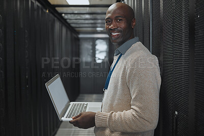 Buy stock photo Server room, laptop and man portrait or technician for data center, system and cybersecurity code. Happy African programmer or programming person in information technology, ethernet or power solution