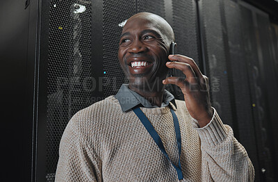 Buy stock photo Server, phone call and man for system update, electrician networking power or cyber security backup success. Person, african engineer or technician information technology on smartphone communication 