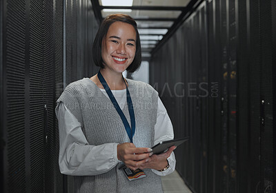 Buy stock photo Asian woman, portrait smile and technician with tablet in server room for networking, maintenance or system inspection. Happy female engineer smiling with touchscreen in data management or monitoring