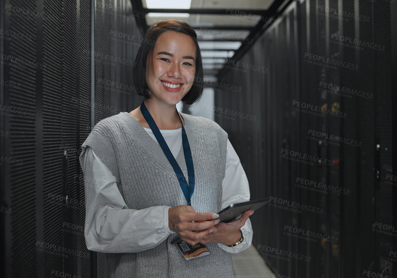 Buy stock photo Asian woman, portrait smile and technician with tablet in server room for networking, maintenance or system inspection. Happy female engineer smiling with touchscreen in data management or monitoring