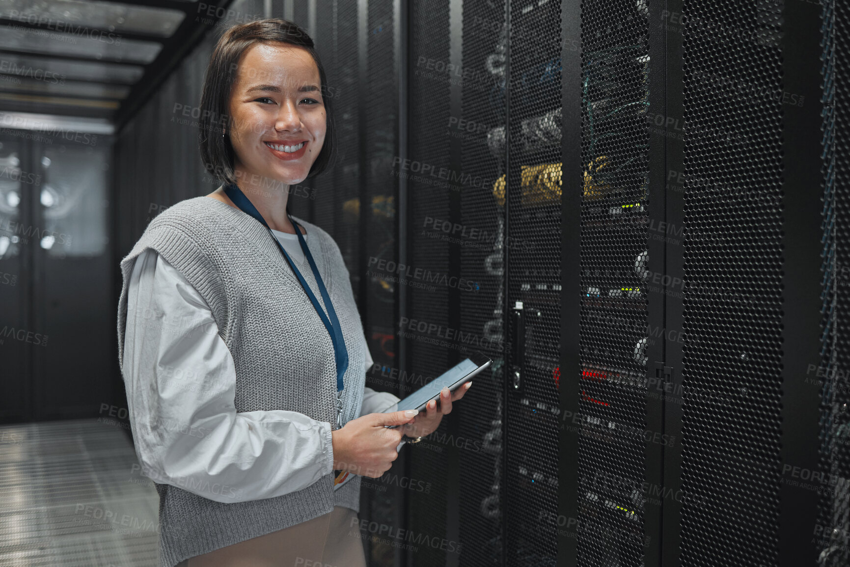 Buy stock photo Asian woman, portrait and tablet of technician by server for networking, maintenance or systems at office. Happy female engineer smile for cable service, power or data administration or management