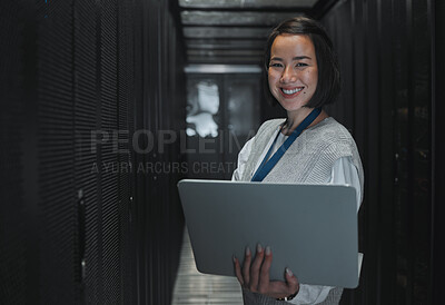Buy stock photo Woman with laptop, server room and information technology, smile in portrait with engineer and datacenter Software update, cybersecurity and network with Asian female setting up firewall and database