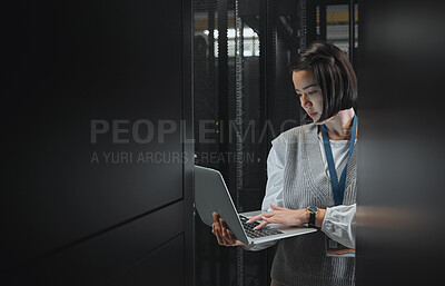 Buy stock photo Woman with laptop, datacenter and information technology, engineer and server room with software update. Tech industry, cybersecurity and network with Asian female setting up firewall and database