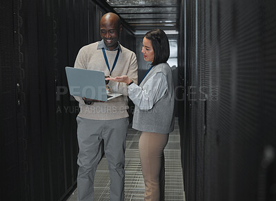 Buy stock photo Server room, teamwork or people on laptop consulting on software management, system upgrade or cyber security. Network technician, engineer or programmer staff for information tech or programming 