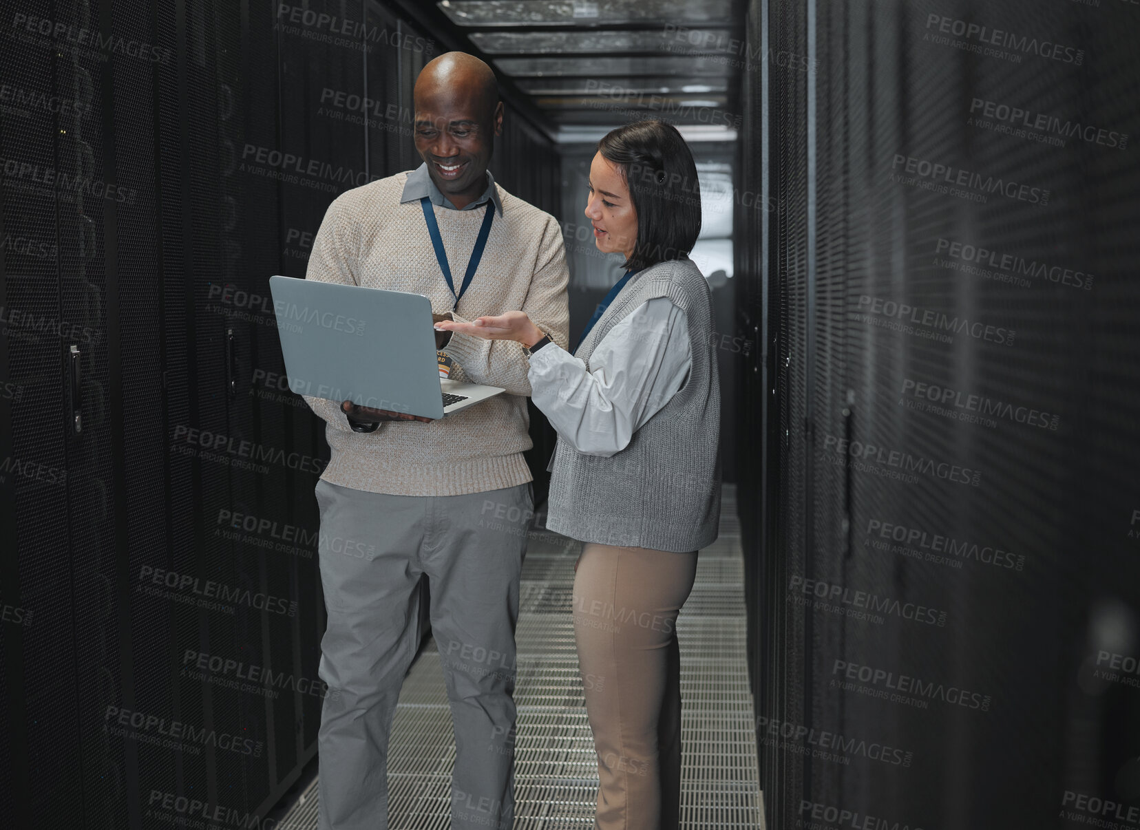 Buy stock photo Server room, teamwork or people on laptop consulting on software management, system upgrade or cyber security. Network technician, engineer or programmer staff for information tech or programming 