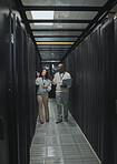 Laptop, teamwork or IT people in server room for maintenance, analysis or digital innovation. Data center, cybersecurity or man and woman programmer for planning network strategy or system firewall