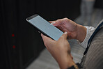 Phone screen, mockup or IT woman hands in data center on research, communication or typing in server room. Scroll, search or girl on smartphone for networking, social media or reading website content