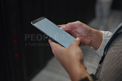 Buy stock photo Phone screen, mockup or IT woman hands in data center on research, communication or typing in server room. Scroll, search or girl on smartphone for networking, social media or reading website content