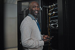 Portrait, server room and IT black man on tablet for database connection cable, maintenance or software update. Cybersecurity, face and male coder with technology for networking in data center. 