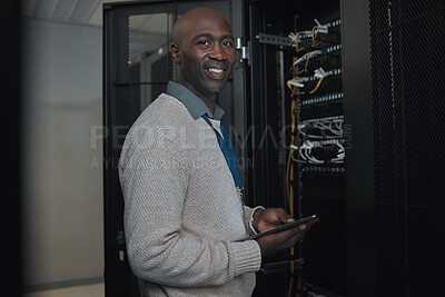 Buy stock photo Portrait, server room and IT black man on tablet for database connection cable, maintenance or software update. Cybersecurity, face and male coder with technology for networking in data center. 
