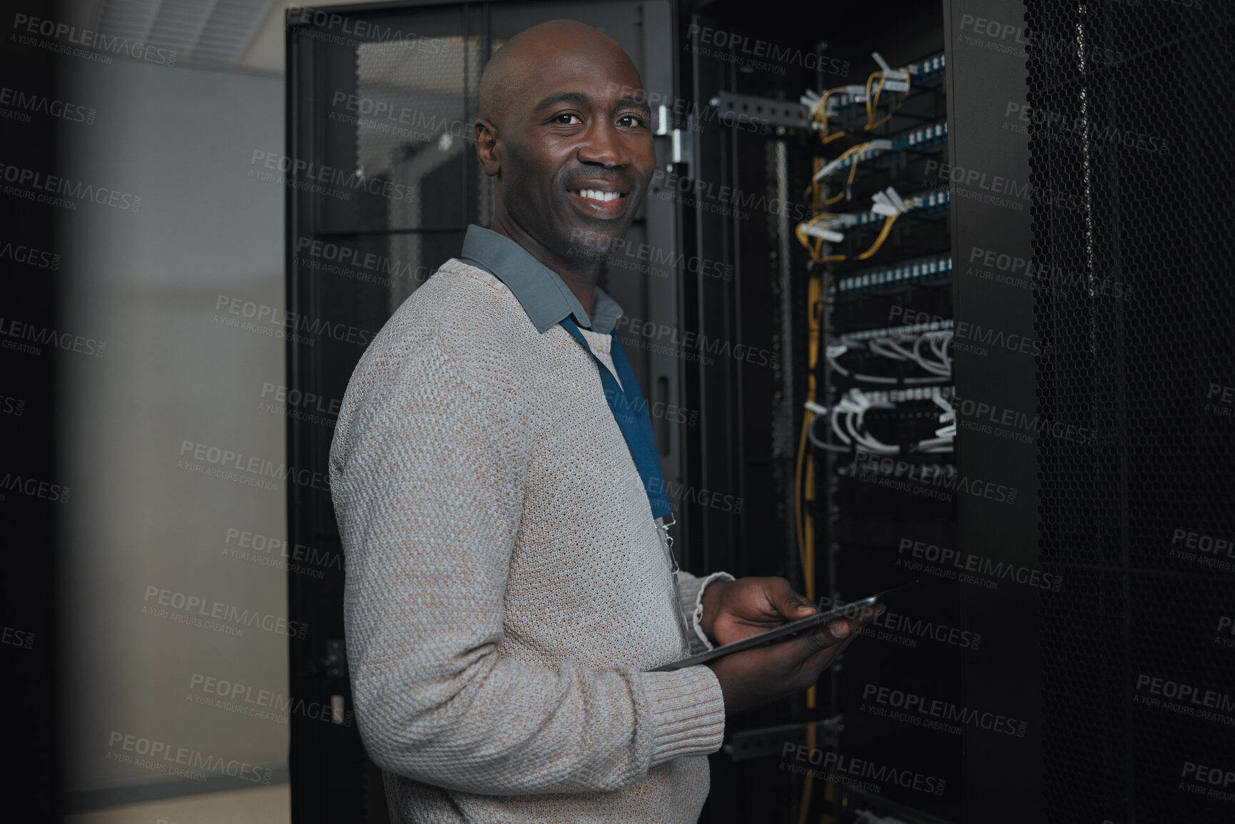 Buy stock photo Portrait, server room and IT black man on tablet for database connection cable, maintenance or software update. Cybersecurity, face and male coder with technology for networking in data center. 